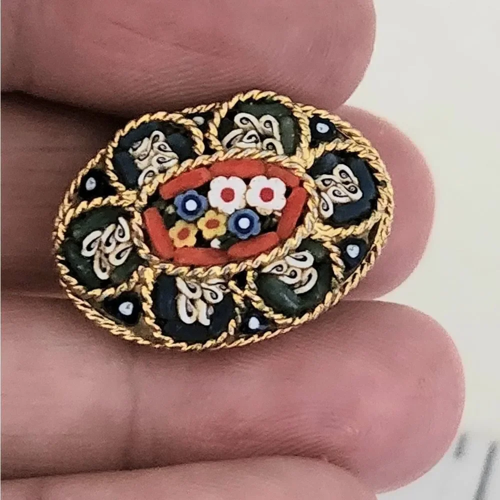 Vintage Italy Brooch Pin 1” Micro-Mosaic Millefiori Flower
